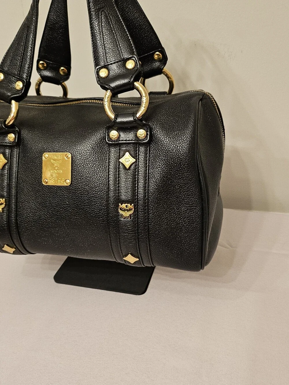 MCM Black Pebbled Leather Boston Bowler Satchel – Gold Hardware - Picture 2 of 16
